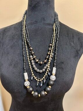 Layered Black and Gold Beaded Statement Necklace